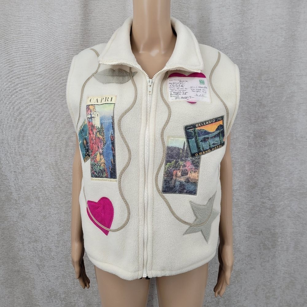 Vintage Fleece Vest Women's Winter White with Postcard Patches Polartec